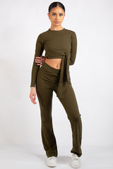 Danielle Khaki Crop Ribbed Tie Up Two Piece Set