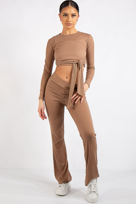 Danielle Camel Crop Ribbed Tie Up Two Piece Set