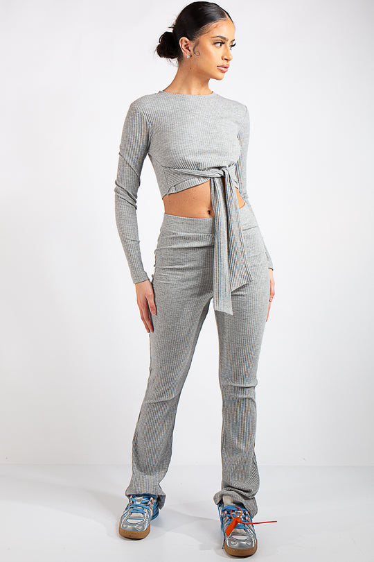 Danielle Grey Crop Ribbed Tie Up Two Piece Set