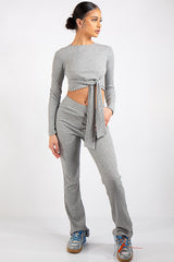Danielle Grey Crop Ribbed Tie Up Two Piece Set