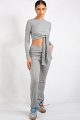 Danielle Grey Crop Ribbed Tie Up Two Piece Set