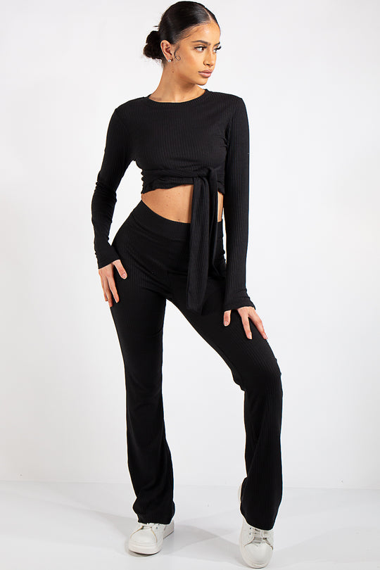 Danielle Black Crop Ribbed Tie Up Two Piece Set