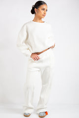 Elle White Fleece Cropped Wide Leg Tracksuit