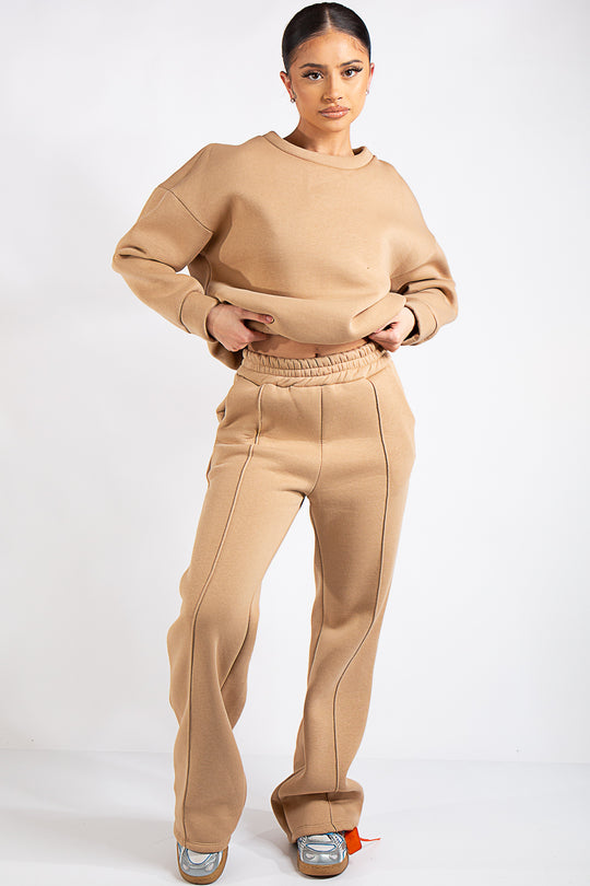 Elle Beige Fleece Cropped Wide Leg Tracksuit