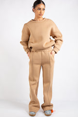 Elle Beige Fleece Cropped Wide Leg Tracksuit