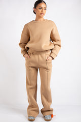 Elle Beige Fleece Cropped Wide Leg Tracksuit