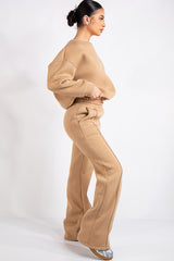 Elle Beige Fleece Cropped Wide Leg Tracksuit