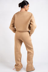 Elle Beige Fleece Cropped Wide Leg Tracksuit