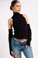 Ayla Black Rib Knit Arm Warmer Top