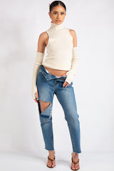Ayla Beige Rib Knit Arm Warmer Top