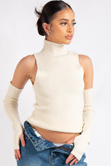 Ayla Beige Rib Knit Arm Warmer Top