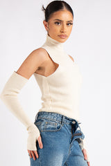 Ayla Beige Rib Knit Arm Warmer Top