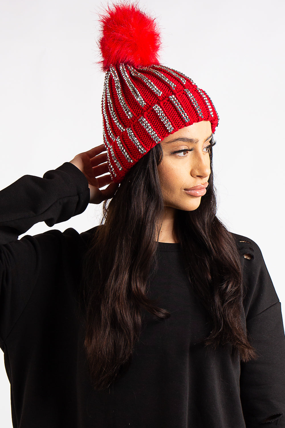 Red winter hat with pom sales pom