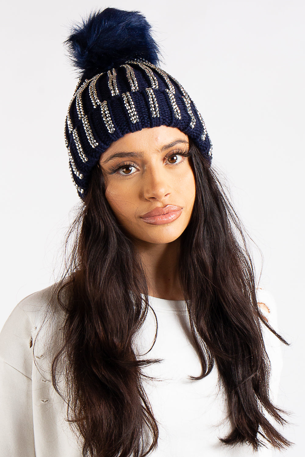 Girls navy pom pom hat 2025