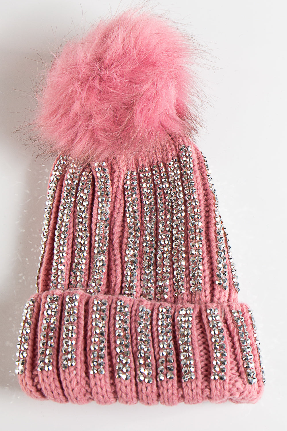Harlow Pink Bling Rhinestone Pom Pom Beanie Bobble Hat