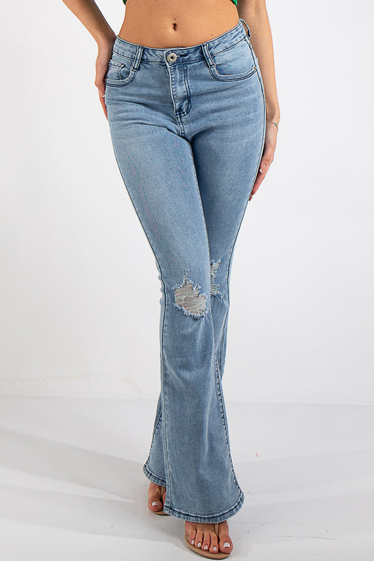 Light Blue Wash Distressed Flared Jeans