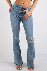 Light Blue Wash Distressed Flared Jeans