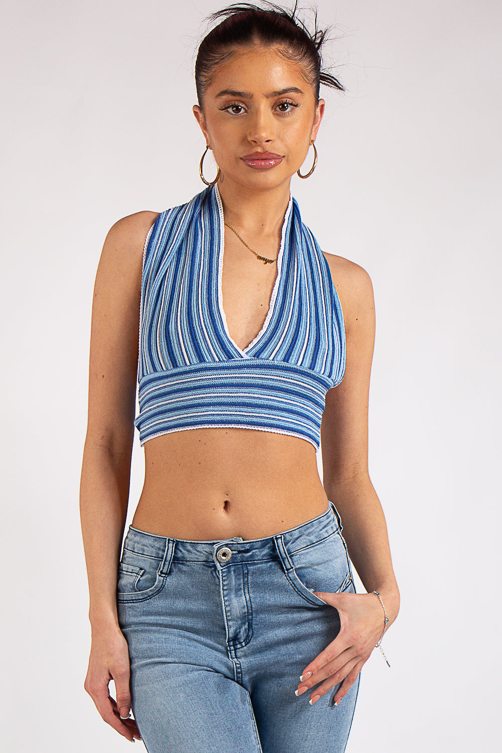 Annie Blue Striped Backless Halter Festival Top – Miss Hussy