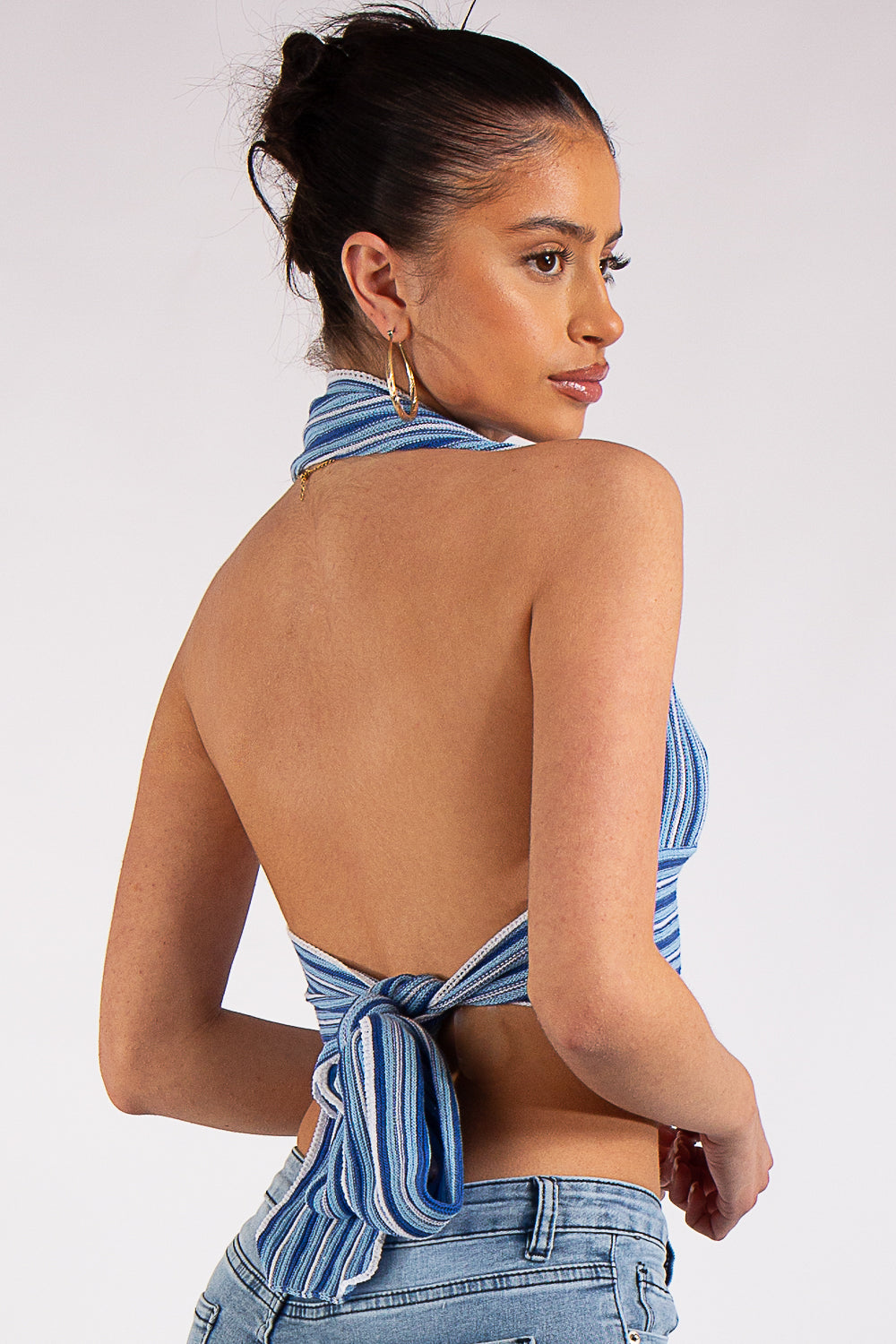 Annie Blue Striped Backless Halter Festival Top – Miss Hussy