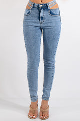 Light Blue Wash Strap Waistband Skinny Jeans