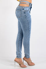 Light Blue Wash Strap Waistband Skinny Jeans