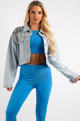 Lylah Light Blue Diamante Tassel Cropped Denim Jacket