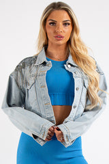 Lylah Light Blue Diamante Tassel Cropped Denim Jacket