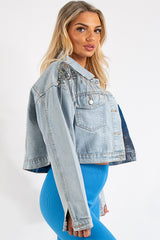 Lylah Light Blue Diamante Tassel Cropped Denim Jacket