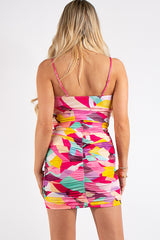 Helena Pink Multi Colour Slinky Ruched Mini Dress
