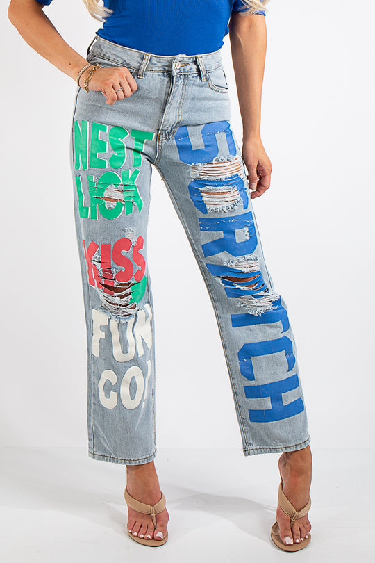 Ariya Blue Graffiti Boyfriend Jeans