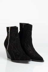 Myla Black Faux Suede Point Toe Stitch Detailing Western Style Ankle Boots