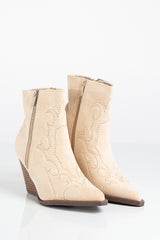 Myla Beige Faux Suede Point Toe Stitch Detailing Western Style Ankle Boots