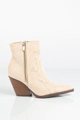 Myla Beige Faux Suede Point Toe Stitch Detailing Western Style Ankle Boots