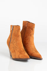 Myla Camel Faux Suede Point Toe Stitch Detailing Western Style Ankle Boots