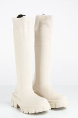 Maria Cream Knitted Knee High Sock Boots