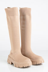 Maria Beige Knitted Knee High Sock Boots