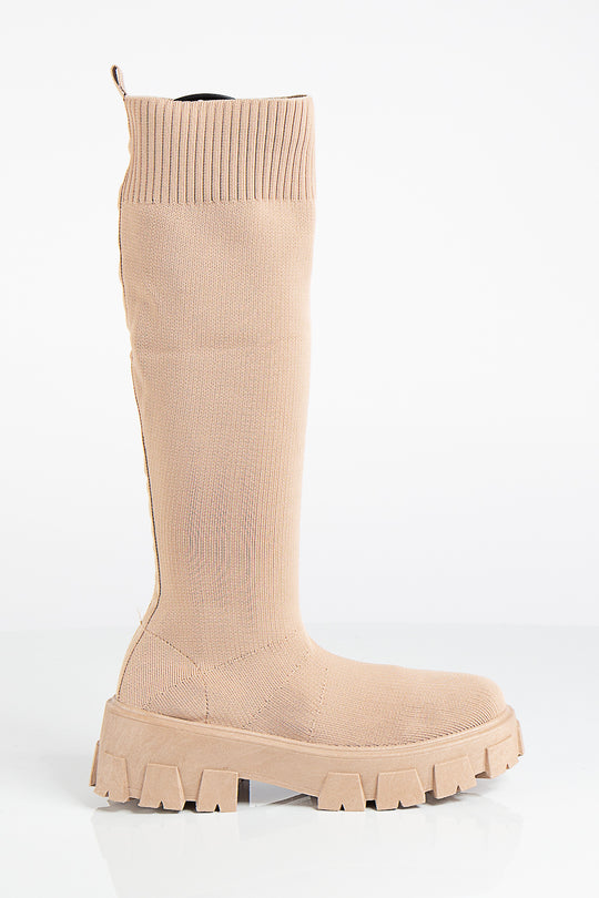 Maria Beige Knitted Knee High Sock Boots