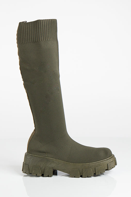 Maria Khaki Knitted Knee High Sock Boots