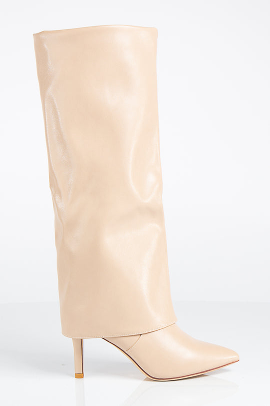 Elise Beige Fold Over High Point Calf Boots