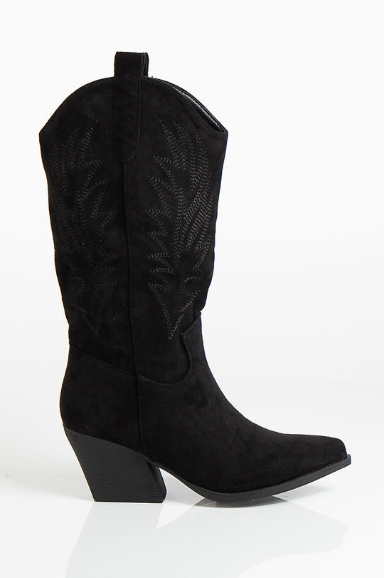 Camila Black Faux Suede Point Toe Stitch Detailing Western Style Calf Boots