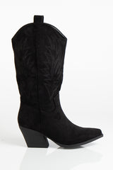 Camila Black Faux Suede Point Toe Stitch Detailing Western Style Calf Boots