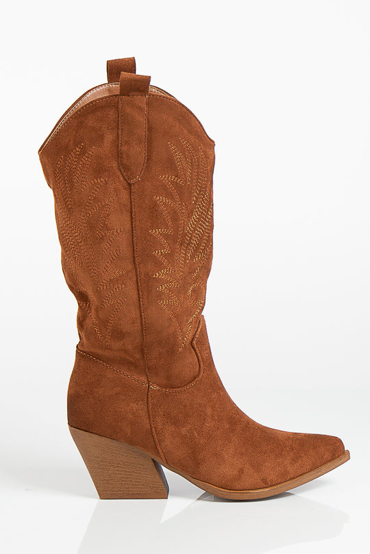 Camila Tan Faux Suede Point Toe Stitch Detailing Western Style Calf Boots