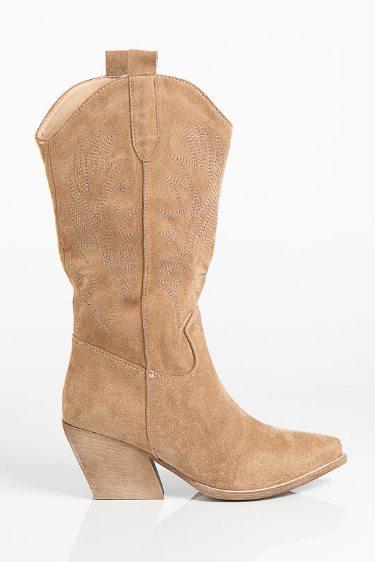 Camila Beige Faux Suede Point Toe Stitch Detailing Western Style Calf Boots