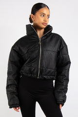 Leyla Black Padded Cropped Faux Leather Puffer Jacket