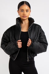 Leyla Black Padded Cropped Faux Leather Puffer Jacket