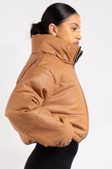 Leyla Camel Padded Cropped Faux Leather Puffer Jacket