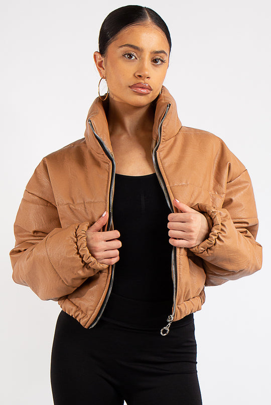Leyla Camel Padded Cropped Faux Leather Puffer Jacket