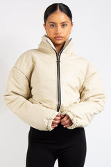 Leyla Beige Padded Cropped Faux Leather Puffer Jacket
