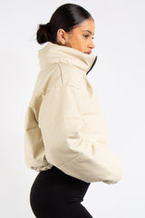 Leyla Beige Padded Cropped Faux Leather Puffer Jacket
