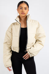 Leyla Beige Padded Cropped Faux Leather Puffer Jacket